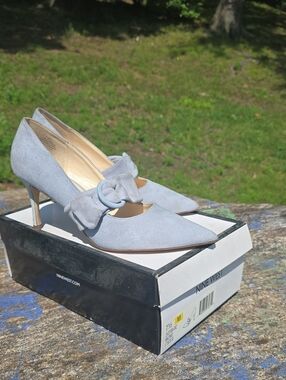 Nine West Light Blue Suede Knot Strap Pointed Toe Heels